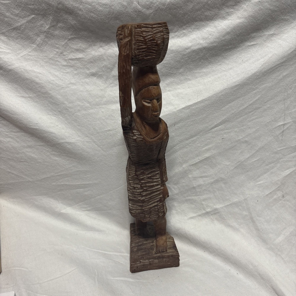 Vintage Hand Carved Wood Primitive Haitian Woman w/Basket Figurine